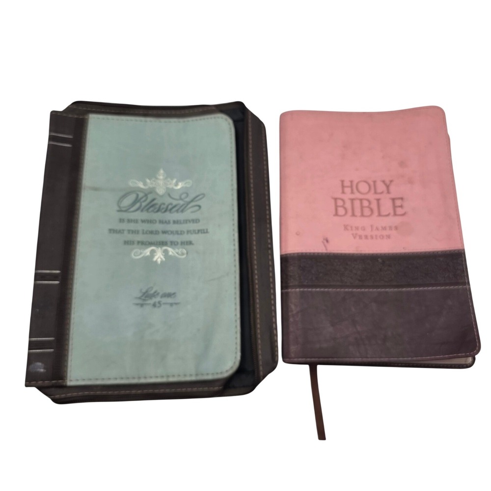KJV Holy Bible Pink Brown Faux Leather & Christian Art Gifts Blessed Case Set L3